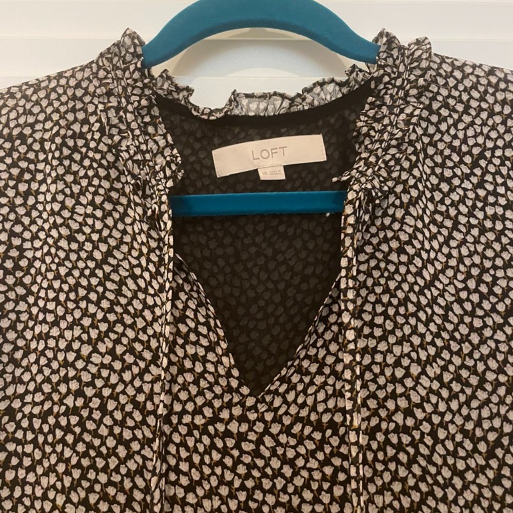LOFT Floral Ruffle Tie Neck Blouse - Picture 2 of 4